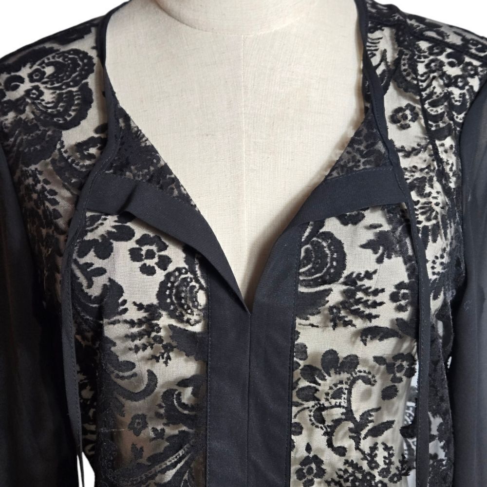 MARK Black Sheer Lace Tie Neck Blouse - Picture 2 of 6